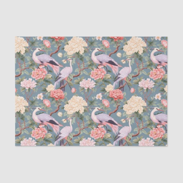 Chinoiserie Jade Floral Egret Tissue Paper (Front)