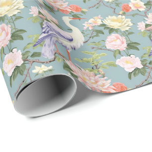 Chinoiserie Jade Floral Egret Wrapping Paper