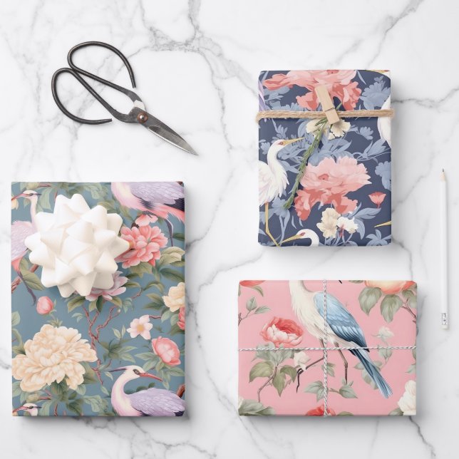 Chinoiserie Jade Pink & Navy Floral Egret Wrapping Paper Sheets (Front)
