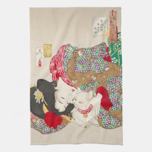 Chinoiserie Japanese Lady & Cat Kimono Art Kitchen Towel