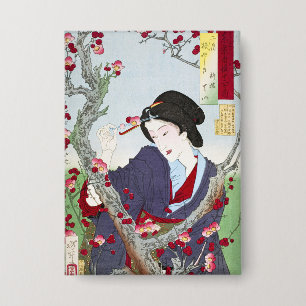 Chinoiserie Japanese Lady & Red Cherry Blossom Button