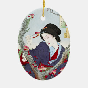 Chinoiserie Japanese Lady & Red Cherry Blossom Ceramic Ornament