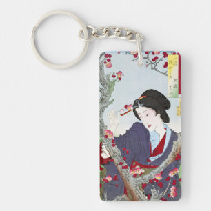 Chinoiserie Japanese Lady & Red Cherry Blossom Keychain