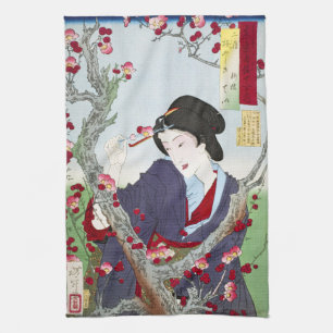 Chinoiserie Japanese Lady & Red Cherry Blossom Kitchen Towel