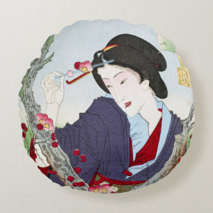 Chinoiserie Japanese Lady & Red Cherry Blossom Round Pillow
