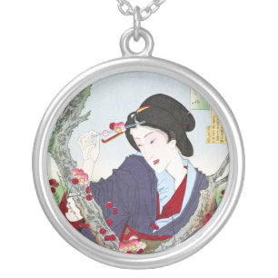 Chinoiserie Japanese Lady & Red Cherry Blossom Silver Plated Necklace