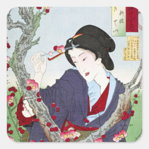 Chinoiserie Japanese Lady & Red Cherry Blossom Square Sticker