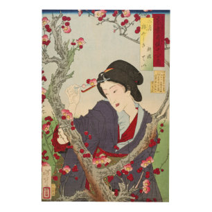 Chinoiserie Japanese Lady & Red Cherry Blossom Wood Wall Art