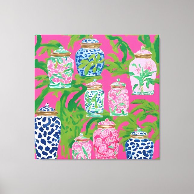 Chinoiserie jars and palm leaves on hot pink canvas print (Front)