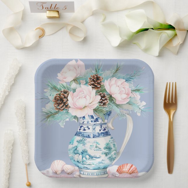 Chinoiserie Jug with Pinecones and Seashells  Paper Plates (Wedding)