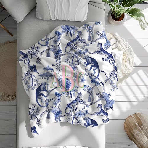 Chinoiserie Jungle Toile  Blue  White Monogram  Fleece Blanket