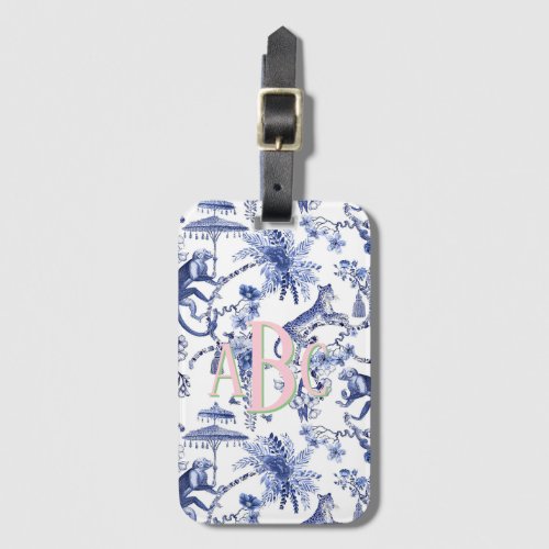 Chinoiserie Jungle Toile  Blue  White Monogram Luggage Tag