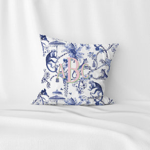 Chinoiserie Jungle Toile Blue & White Monogram Throw Pillow