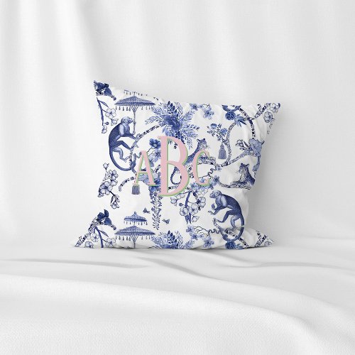 Chinoiserie Jungle Toile  Blue  White Monogram Throw Pillow