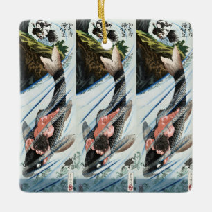 Chinoiserie Koi Carp Waterfall Japanese Art Ceramic Ornament