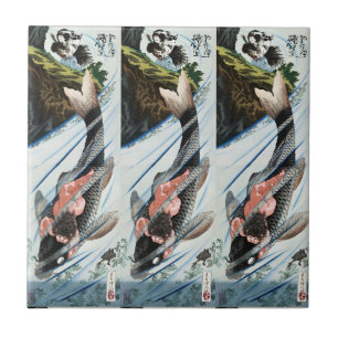Chinoiserie Koi Carp Waterfall Japanese Art Ceramic Tile
