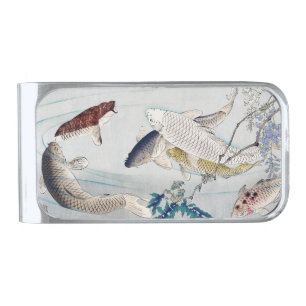 Chinoiserie Koi Fish & Purple Wisteria Print Silver Finish Money Clip