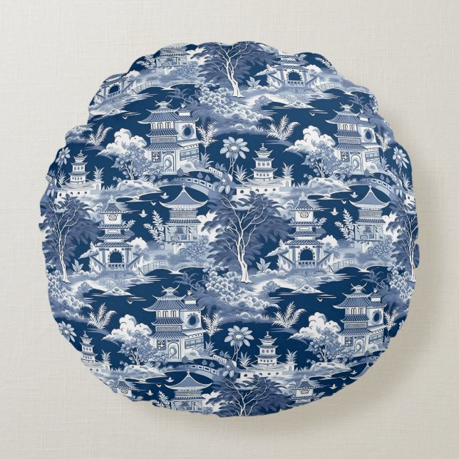 Chinoiserie Landscape Painting Blue White Round Pillow (Front)