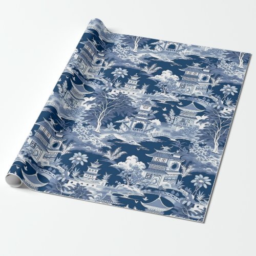 Chinoiserie Landscape Painting Blue White Wrapping Paper