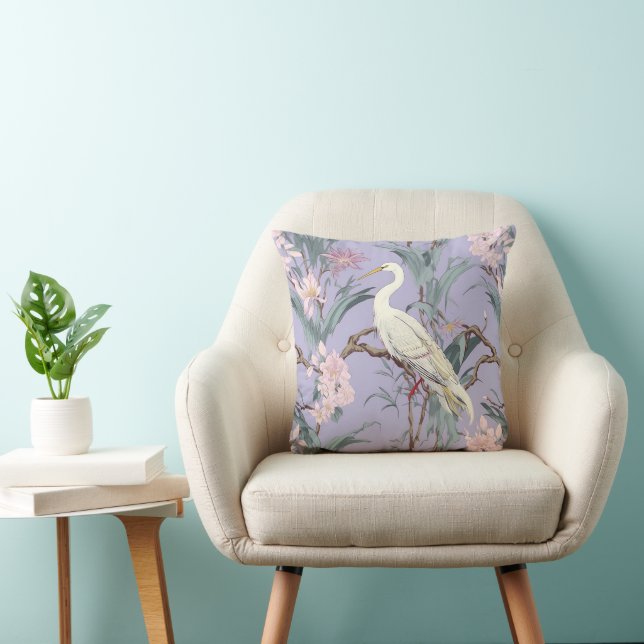 Chinoiserie Lavender Floral Egret Throw Pillow (Chair)
