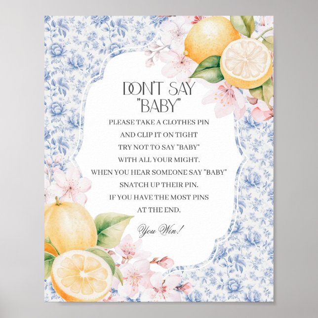 Chinoiserie Lemon Tea Dont Say Baby Shower Game Poster (Front)