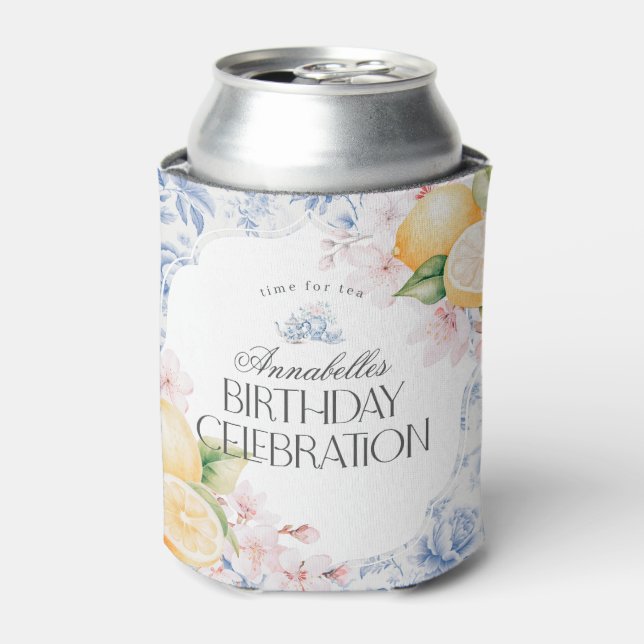 Chinoiserie Lemon Tea Party Birthday Favor Can Cooler (Can Front)