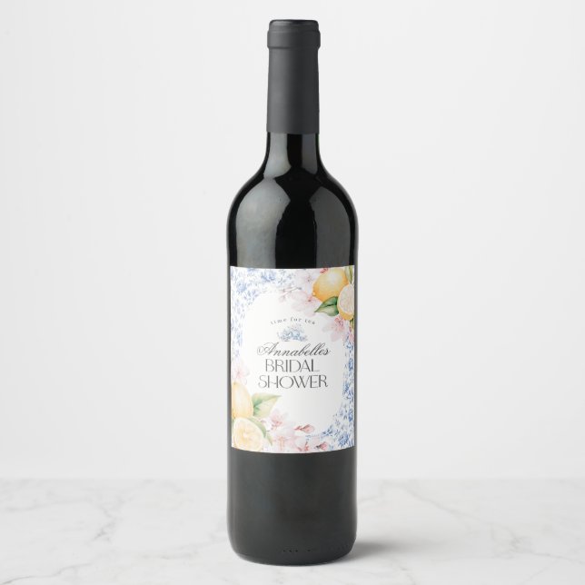 Chinoiserie Lemon Tea Party Bridal Shower Barware Wine Label (Front)