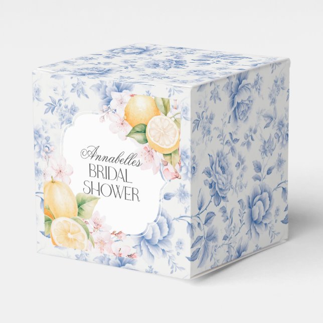 Chinoiserie Lemon Tea Party Bridal Shower Dessert Favor Boxes (Front Side)