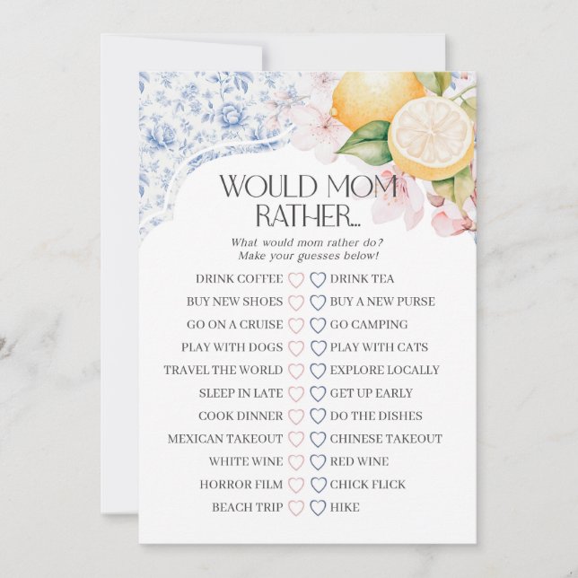 Chinoiserie Lemon Tea Party Would Mom Rather Game Invitation (Front)