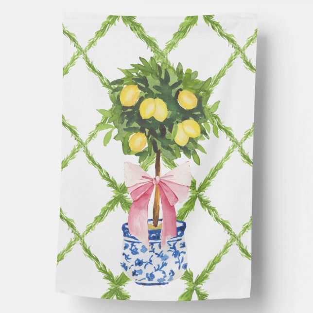 Chinoiserie Lemon Topiary, Ginger Jar Pink Bow House Flag (Front)