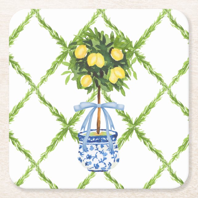 Chinoiserie Lemon Topiary with Blue Bow Square Paper Coaster (Front)