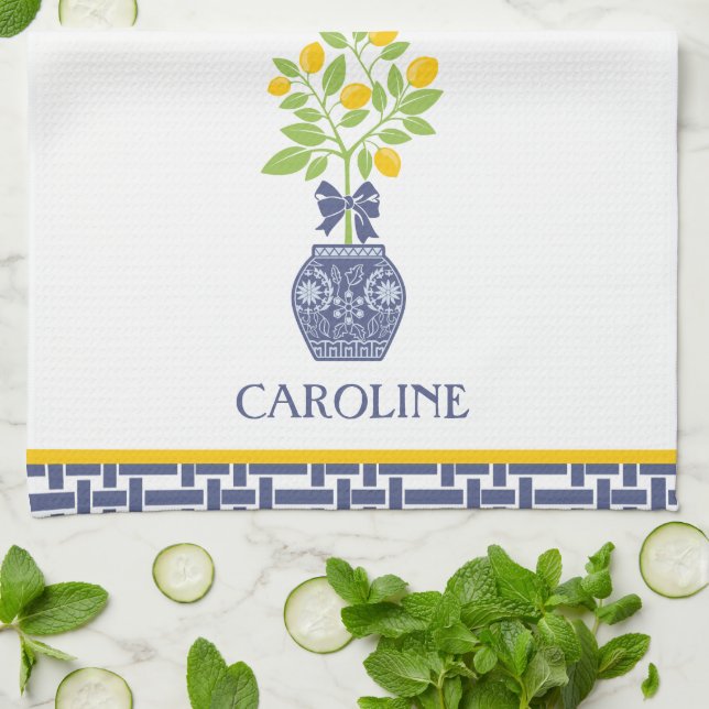 Chinoiserie Lemon Tree Personalized Kitchen Towel (Folded)