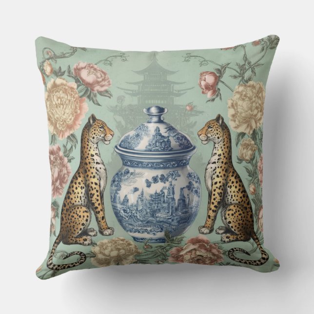 Chinoiserie Leopard Ginger Jar Art Throw Pillow (Back)