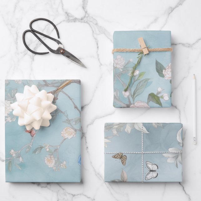 Chinoiserie Light Teal and Blues Set Wrapping Paper Sheets (Front)