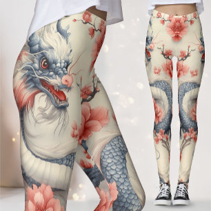Chinoiserie Lotus Dragon Blue & Pink Art Leggings