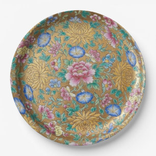 Chinoiserie Millefleur Flowers Gold Ceramic Paper Plates