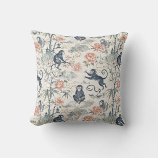 Chinoiserie Monkey and Peony Floral Design Outdoor Pillow