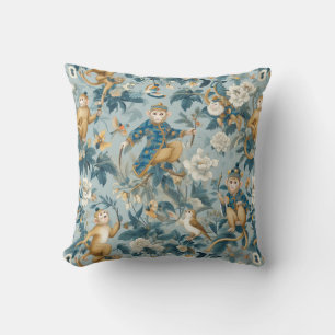Chinoiserie Monkey Blue Throw Pillow