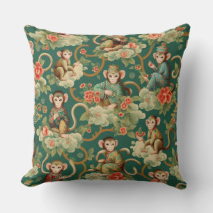 Chinoiserie Monkey Green Elegant Jungle Decor Throw Pillow