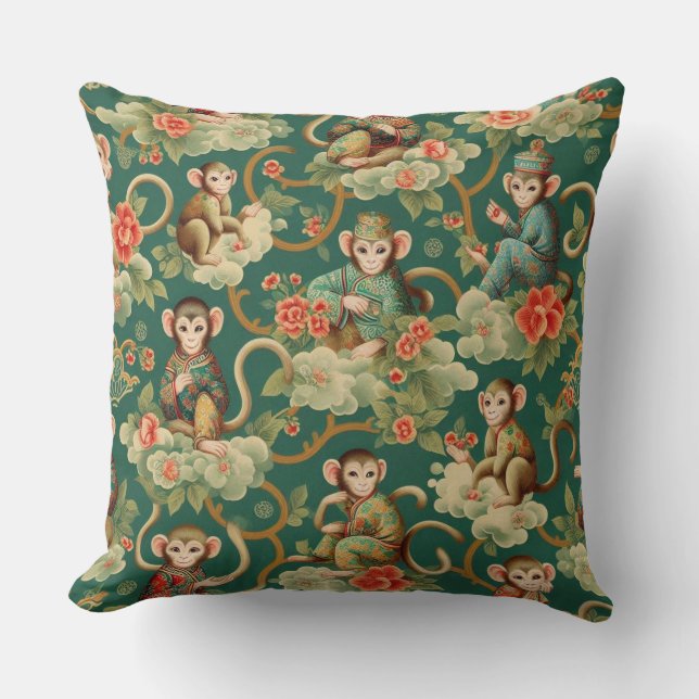 Chinoiserie Monkey Green Elegant Jungle Decor Throw Pillow (Front)
