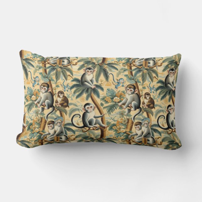 Chinoiserie Monkeys and Palm Trees Lumbar Pillow (Front)