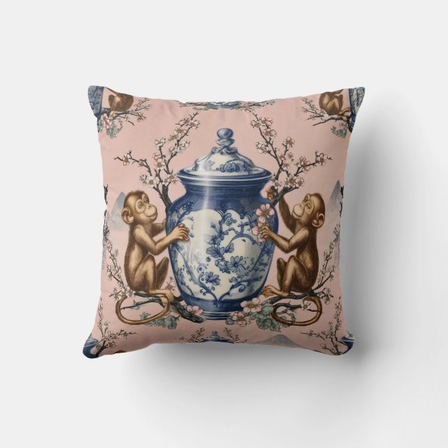 Chinoiserie Monkeys with Ginger Jar Throw Pillow (Back)