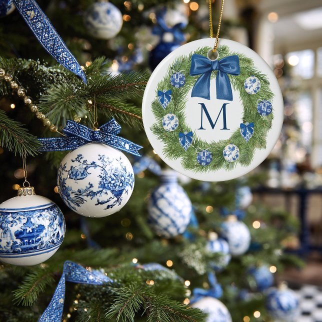 Chinoiserie Monogrammed Wreath Christmas Ceramic Ornament (Chinoiserie Wreath Monogrammed Christmas Ornament)