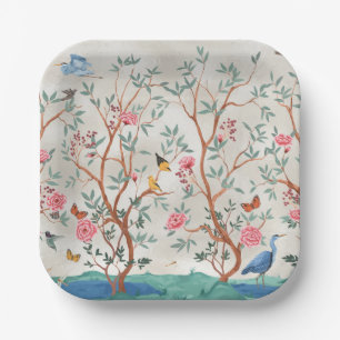 Chinoiserie Mural with Herons and Flowers Paper Plates
