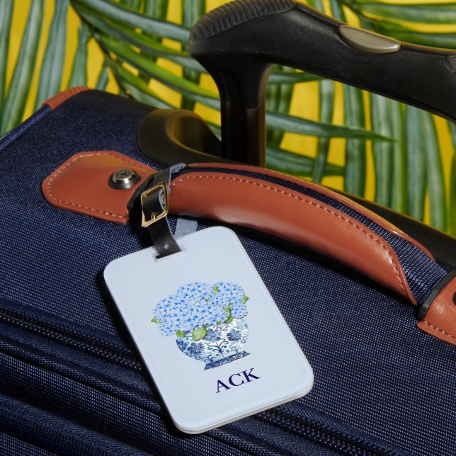 Chinoiserie Nantucket Blue Hydrangeas Luggage Tag (Front Insitu 1)