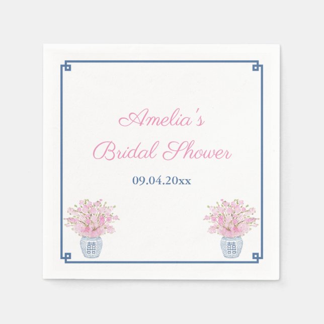 Chinoiserie Navy And Pink Wedding Shower Napkins (Front)
