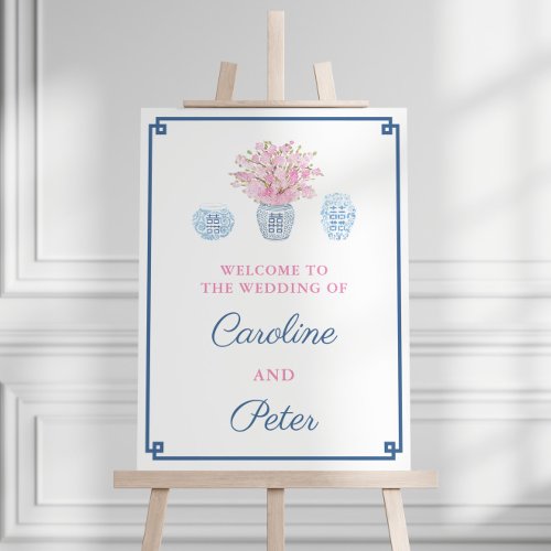 Chinoiserie Navy And Pink Wedding Welcome Sign