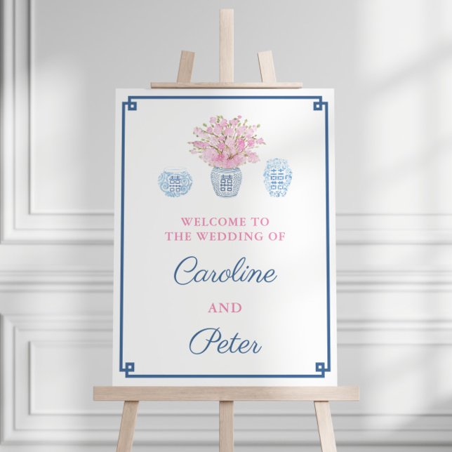 Chinoiserie Navy And Pink Wedding Welcome Sign (Grandmillenial Hand Painted Blue And White Ginger Jar Pink Florals Wedding Welcome Sign)