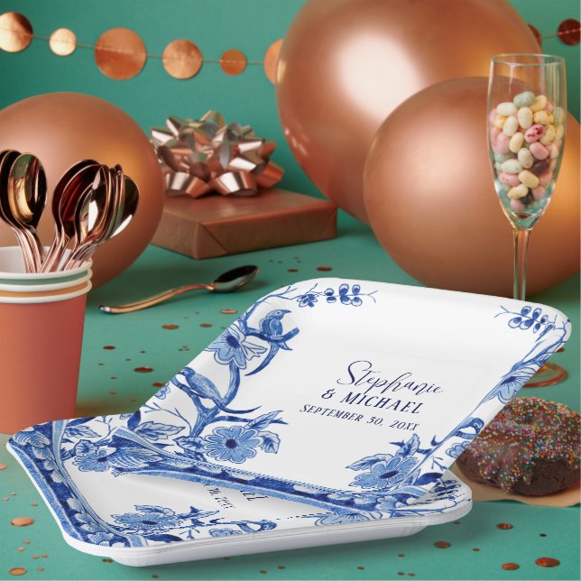 Chinoiserie Navy Blu Floral Bird Art Bridal Shower Paper Plates