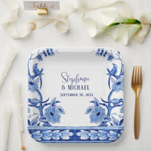 Chinoiserie Navy Blu Floral Bird Art Bridal Shower Paper Plates